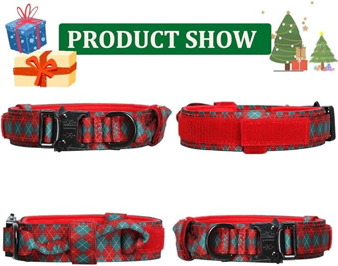 Christmas Tactical Dog Collar and Leash Set Adjustable Nylon Collar Dog Training Collar Leash Set with Control Handleand （Christmas Green M