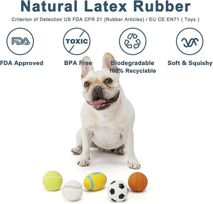 Squeaky Dog Ball, Soft Latex Rubber Squeaky Dog Toys for Small Dogs Puppies, Cute Squeak Toys Play Ball - Tennis, Soccer, Football, Basketball and Baseball