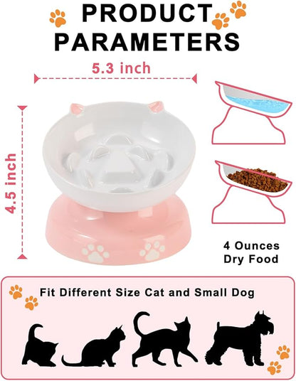 Y YHY Ceramic Slow Feeder Cat Bowl, Elevated Cat Bowl Tilted Design Slow Feeder for Dog and Cat for Dry and Wet Food, Pink