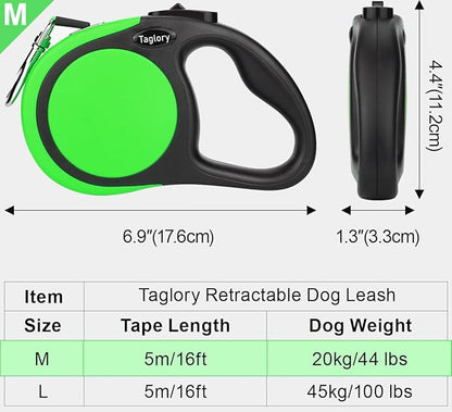 Taglory Retractable Dog Leash, 16ft No Tangle Leash Retractable for Small Medium Dogs Up to 44 lbs, One-Handed Brake, Pause, Lock, Green