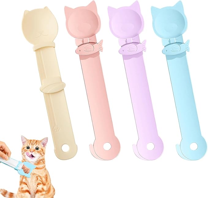 Aerbee 4PCS Cat Strip Feeder Spoon, Sliding Pet Treat Spoon Squeeze, Lickable Squeezable Creamy Treat, Wet Treats Dispenser, Cat Treat Spoon Squeez, Fun Feeding for Pets, Beige/Blue/Purple/Pink