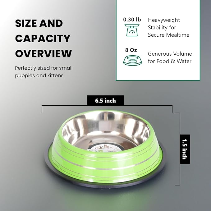 Iconic Pet Color Splash Stripe Non-Skid Stainless Steel Dog & Cat Bowl - Green, 8 Oz, 1 Cup, Durable, Easy to Clean, Anti-Slip Feeding Dish for Food & Water, Stylish Design for Dogs and Cats