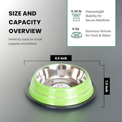 Iconic Pet Color Splash Stripe Non-Skid Stainless Steel Dog & Cat Bowl - Green, 8 Oz, 1 Cup, Durable, Easy to Clean, Anti-Slip Feeding Dish for Food & Water, Stylish Design for Dogs and Cats