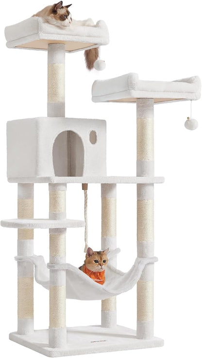 Feandrea Cat Tree, 56.3-Inch Cat Tower, Multi-Level Plush Condo with 11 Scratching Posts, 2 Perches, Hammock, Cave, Cream White UPCT015W02