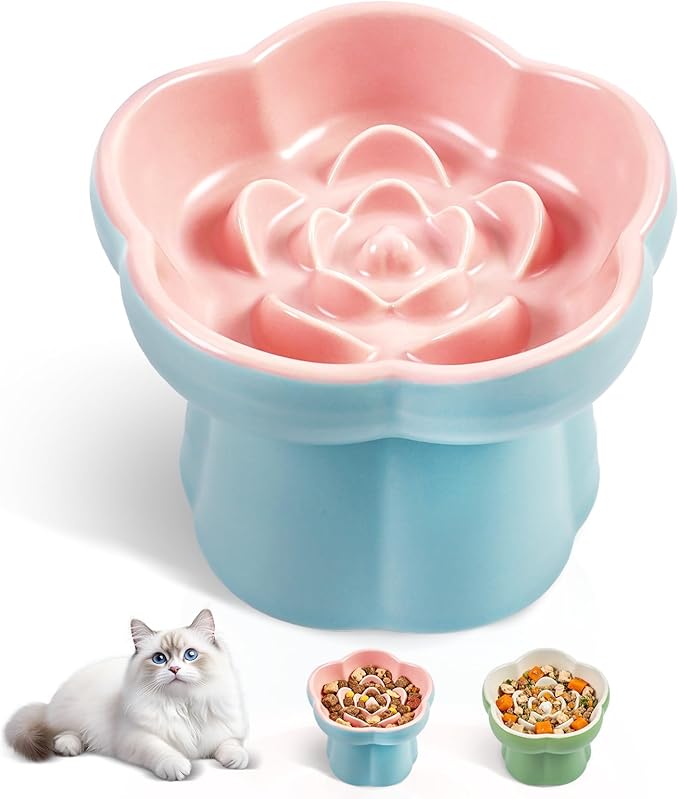 Cat Slow Feeder Bowl Set - 1 Pcs Pastel Series Cat Plate for Dry and Wet Food - Cute Maze Feeder Dish for Healthy Eating- Slow Feeding Bowls Whisker Friendly - Dishwasher Safe(Blue)