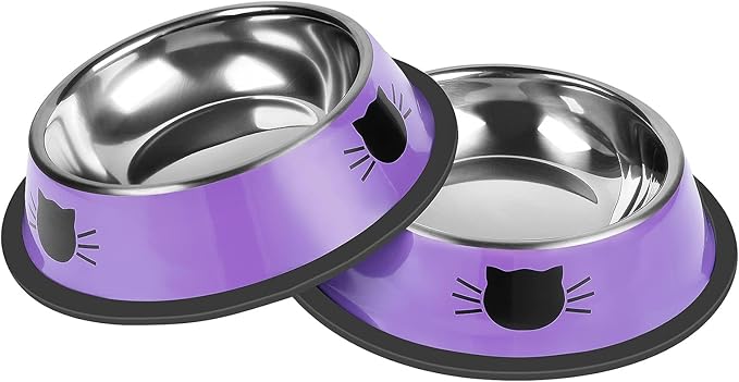 Serentive 2 Pcs Non-Slip Stainless Steel Small Cat Food Bowls - Unbreakable, 7 Oz, Suitable for Indoor Small Pets - Removable Rubber Base, Easy to Clean, Lovely Color