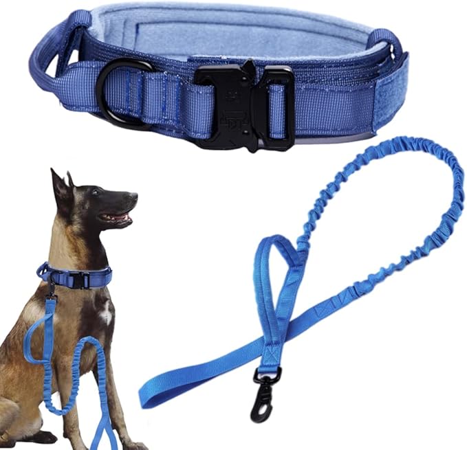 Xqpetlihai Tactical Dog Collar and Leash Set Adjustable Military Nylon Dog Collar with Control Handle and Heavy Duty Metal Buckle for Large Dogs（Dark Blue XL