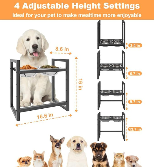 Elevated Dog Bowls Stand with 2 Stainless Steel Food & Water Bowls for Large Medium Small Dogs, Adjustable Raised Dog Bowl with Non-Slip Plastic Sucker for Pet,Black