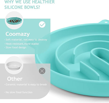 Coomazy Silicone Slow Feeder Dog Cat Bowls, Interactive Puzzle Toy for Pets Dry/Wet Food Training, Keeps Dogs Cats Busy, Prevents Puppy Kitty Overeating (Cyan, 1.4 Cup)