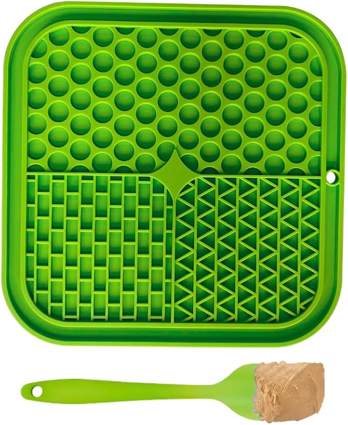 Dog Lick Mat 2-Pack (Orange & Green) with Spatulas – Silicone Licking Pads for Dogs & Cats, Peanut Butter Slow Feeder, Strong Suction, Anxiety Relief for Bath & Grooming, Dishwasher-Safe