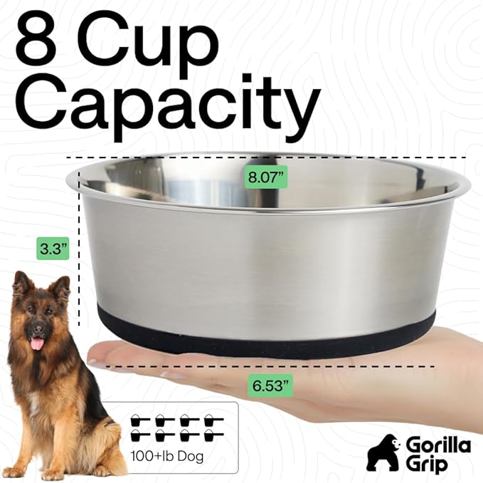 GORILLA GRIP Dog Bowls, Food Grade 304 Stainless Steel, Holds 8 Cups Each (64 fl oz) Food and Water Bowl for Feeding Dogs and Cats, Dishwasher Safe, Rust Resistant, BPA Free Rubber Base Set of 2 Black