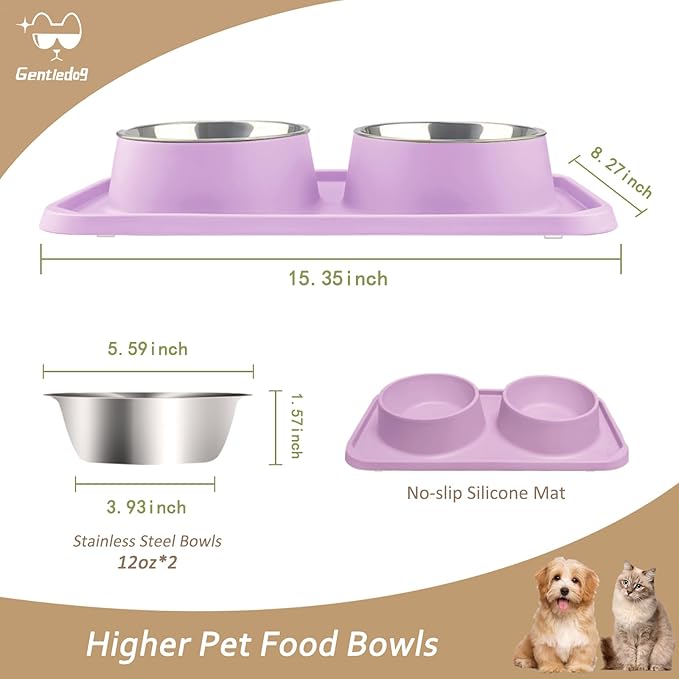 Cat Bowls for Food and Water, Upgrade Cat Food Bowls for Indoor Cats, Premium Removable Stainless Steel Double Bowls with Silicone Anti-Slip Pads, Water Bowl for Cats and Dog (Pink Purple)