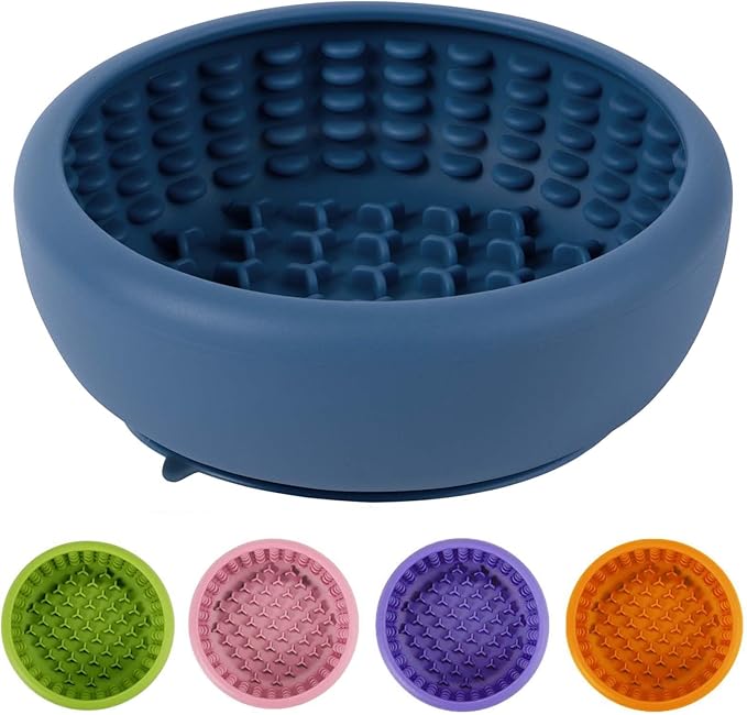 Dog Lick Bowl, ZOURYNUA Non-Slip Slow Feeder Dog Bowls, Enrichment Licking Mat for Distraction, Anxiety Relief Treat Dispenser Freezer, BPA Free Silicone & Dishwasher Safe (Dark Blue, Large)
