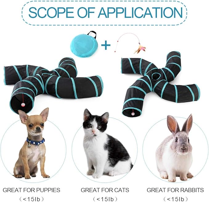 Yinghe Cat Tunnel - Collapsible 3 Way Pet Tunnel with Interactive Ball & Feather Wand - Pet Toy Tube Fun for Rabbits, Kittens, Cats, and Dogs