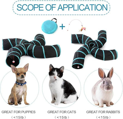 Yinghe Cat Tunnel - Collapsible 3 Way Pet Tunnel with Interactive Ball & Feather Wand - Pet Toy Tube Fun for Rabbits, Kittens, Cats, and Dogs
