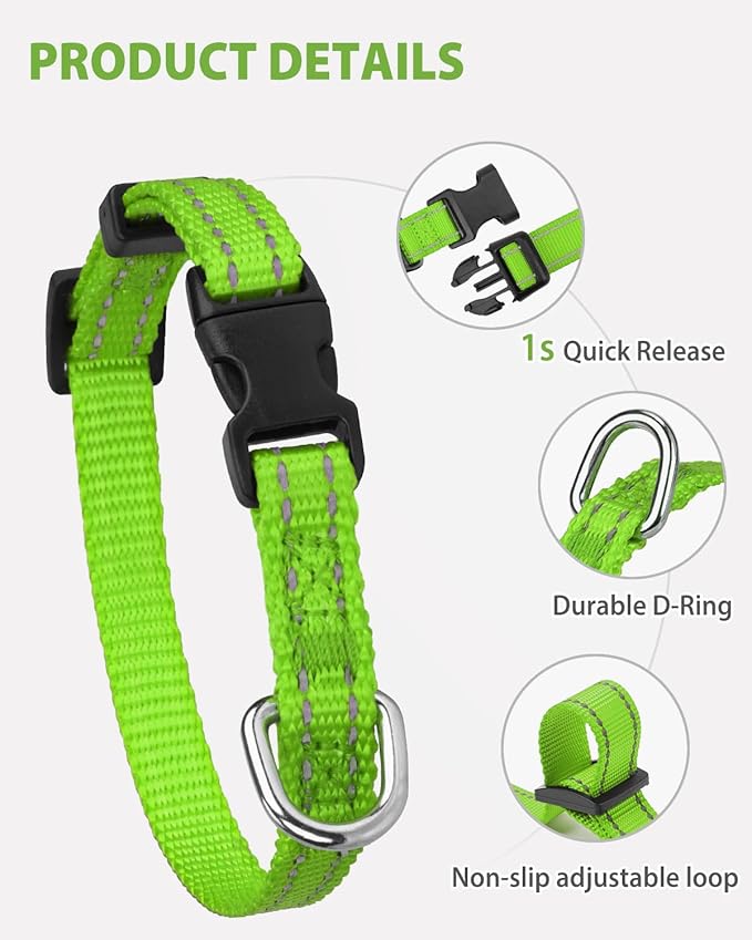 Joytale Puppy Collar, Feather-Light Double-Sided Reflective Nylon Collar for Night Safety, Adjustable Quick-Release for Extra Small Dogs, Green, XS (3/8" Width)