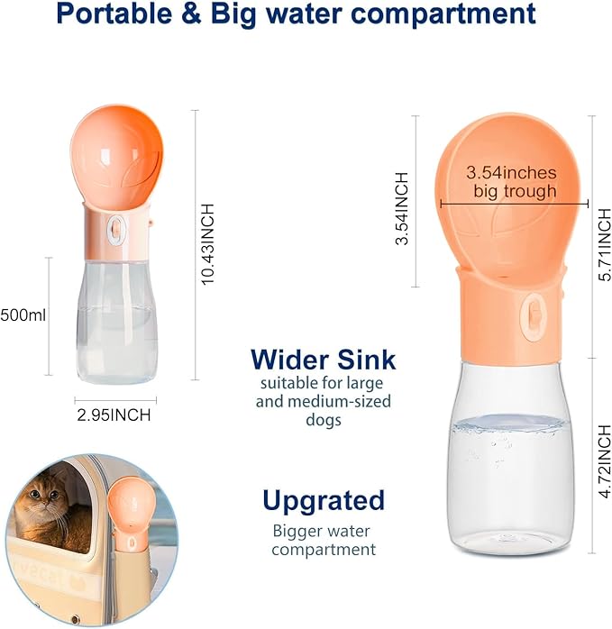 Dog Water Bottle, Widen Sink Portable Dogs Water Dispenser 17oz, Leak Proof, Outdoor Drink Bottles Cat, Puppy, Pet, Essential Items for Travel, Walking, Hiking, Dog Accessorie (Orange, 17oz)