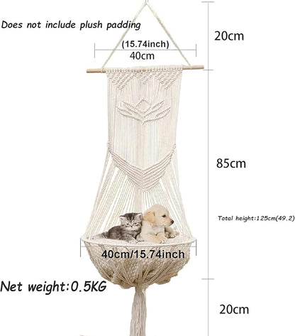 Macrame Cat Hammock-Boho Cat Bed Cotton Wall Hanging for Indoor Outdoor Home Decor, Macrame Cat Bed Hanging for Sleeping, Playing, Climbing and Lounging 49.2" Lx15.74 W