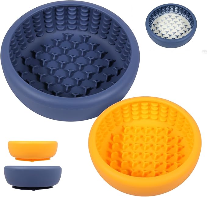 2 Pcs Dog Lick Bowl with Suction Cup, Non-Slip Slow Feeder Licking Mat, Large and Small Size, Dog Freeze Bowl for Small and Medium Dogs, BPA Free Silicone, Dishwasher Safe (Deep Blue & Orange)