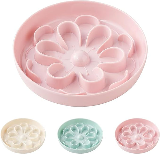 Slow-Food Cat Bowl - Made of Melamine, Suitable for Both Dry and Wet Food - Cute Flower Maze Pattern, Promotes Healthy Feeding and Helps Protect Whiskers - Dishwasher Safe - 6.3 in Wide x 1.1 in high