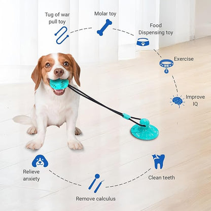 Dog Treat Food Dispensing Ball - Chew Toy with Suction Cup for Aggressive Chewers, Tug of War Toy, Stimulating Dog Activity Games for Training/Puppy Enrichment (Aqua)
