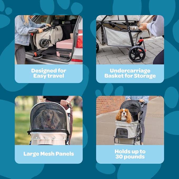 Carlson Pet Products Stroller, Includes 360 Degree Front Wheel Swivel, Rear Wheel Breaks, Reflective Trim, Mesh Panels, Umbrella and Mesh Canopy, Khaki