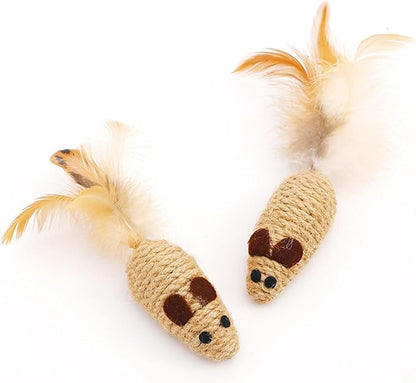3 Pack Cat Mouse Toys with Feather Tail Rattling Noise Sound Natural Sisal Cat Toys Teeth Cleaning Dental Chew Toys Interactive Cat Mice Toy Mice Cat Toys for Indoor Cats Kittens Puppies