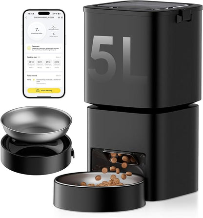 Automatic Cat Feeder, 5G WiFi APP Control Automatic Pet Feeder, 5L Cat Dry Food Dispenser with Remote Feeding,10 Meals Programmable 1-15 Portion Control Auto Dog Feeders for Cats,Puppy