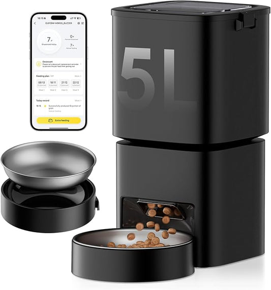Automatic Cat Feeder, 5G WiFi APP Control Automatic Pet Feeder, 5L Cat Dry Food Dispenser with Remote Feeding,10 Meals Programmable 1-15 Portion Control Auto Dog Feeders for Cats,Puppy