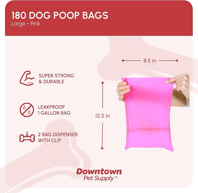 Downtown Pet Supply Poop Bags for Dogs with Dispenser, 180 Count - Leak-Proof Dog Waste Bags and Bone-Shaped Dog Poop Bags Holder for Leash - Pink, 12.5" x 8.5"