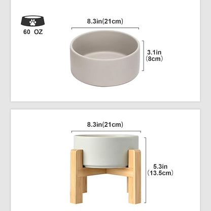 SPUNKYJUNKY Ceramic Elevated Dog Bowls 2 Pack - 8.3inch Raised Dog Bowls with Non-Slip Wooden Stand for Large Dogs Dishwasher Safe(Grey,60OZ*2)