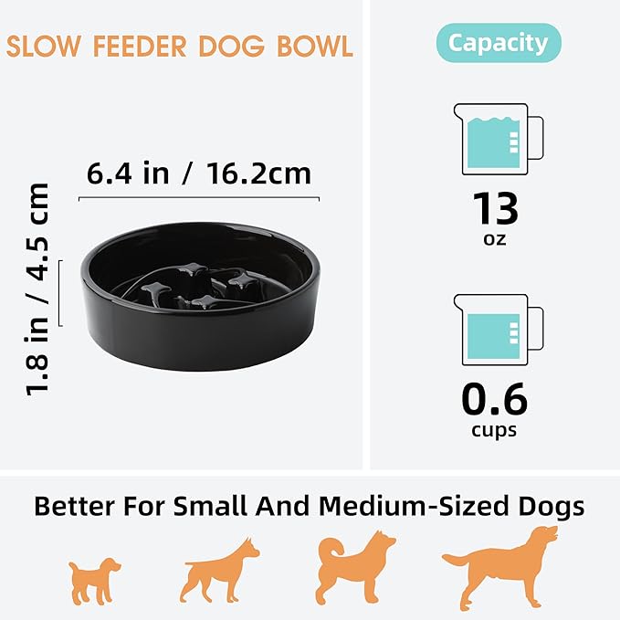 Ceramic Slow Feeder Dog Bowls Small Breed, 0.6 Cups Slow Eating Dog Bowl, Anti-Gulping Puppy Food Bowl Reduce Choking, Puzzle Maze Design Pet Dishes for Fast Eaters, 6.3 inch - Black