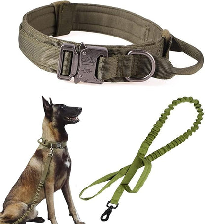 Xqpetlihai Tactical Dog Collar and Leash Set Adjustable Military Nylon Dog Collar with Control Handle and Heavy Duty Metal Buckle for Large Dogs（Green XL