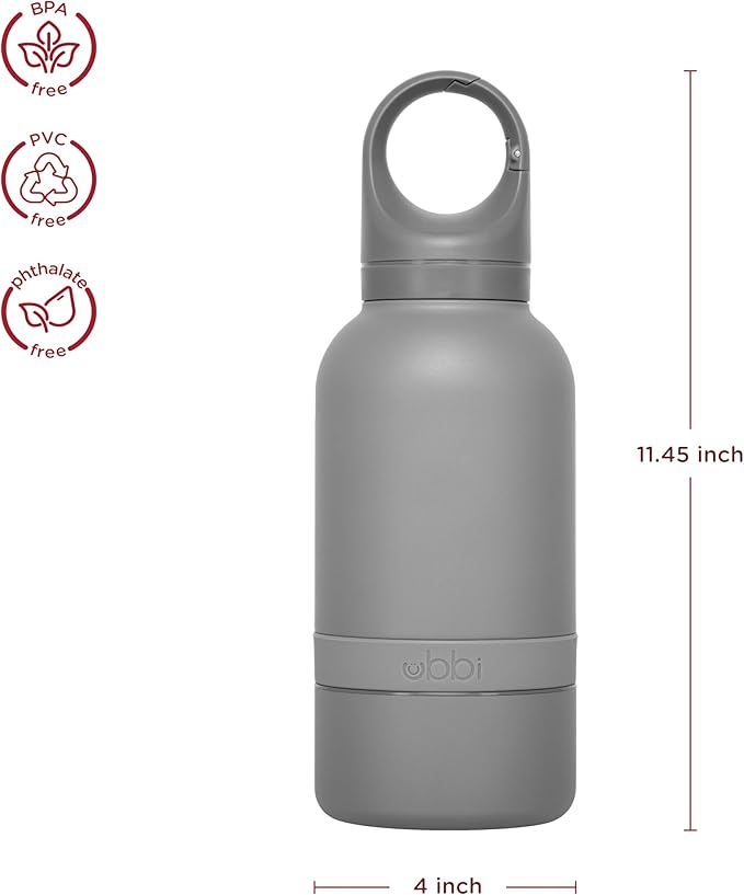 Ubbi Pup & Me Insulated Stainless Steel Dog Water Bottle with Attached Bowl, 32 oz Portable Leakproof Travel Bottle for Dogs and Owners, Charcoal Gray