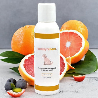 Buddy’s Best 4oz Travel-Size Dog Shampoo and Conditioner with Shea Butter, Oatmeal, Biotin, and Aloe Vera, Alcohol-Free Deep Moisturizer for Dry, Itchy Skin and Coats (Citrus Fresh)