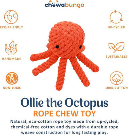 Ollie the Octopus Dog Toy Tough 5.5 Inch Handmade Eco Cotton Rope Dog Toy Octopus with Natural, Non-Toxic Dyes - Dog Octopus Toy for Small Dogs (Orange, Large)