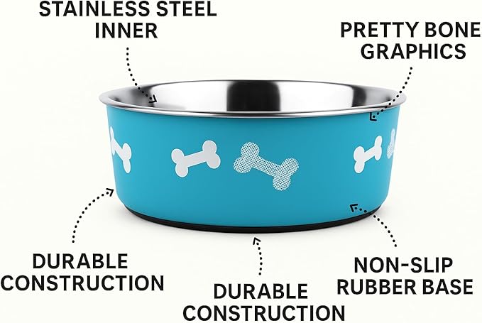 Printed Teal Blue Stainless Steel Dog Bowl with Anti-Skid Base, 15.89 oz | Food & Water Bowl for Small Dogs, Puppies & Cats, Durable Metal Pet Bowl