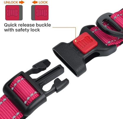 Taglory Reflective Dog Collar with Safety Locking Buckle, Soft Neoprene Padded Dog Collar for Medium Dogs, Metal D-Ring, Adjustable Nylon Neck Strap for Daily Walking, Training & Running, Hot Pink, M