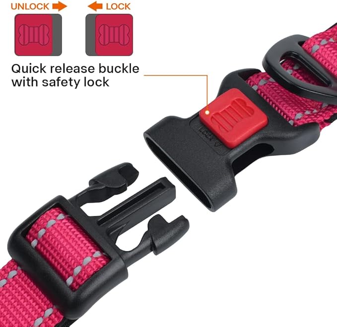 Taglory Reflective Dog Collar with Safety Locking Buckle, Soft Neoprene Padded Dog Collar for Large Dogs, Metal D-Ring, Adjustable Nylon Neck Strap for Daily Walking, Training & Running, Hot Pink, L