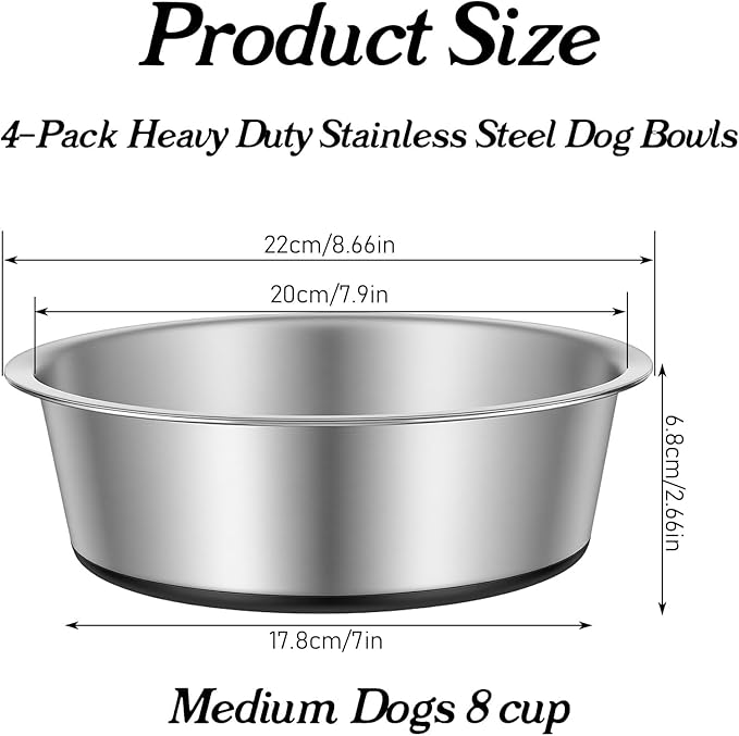 4-Pack Heavy Duty Stainless Steel Dog Bowls with Non-Slip Base – 8 Cup (64 oz) Rust-Resistant Metal Food & Water Dishes for Medium & Large Dogs
