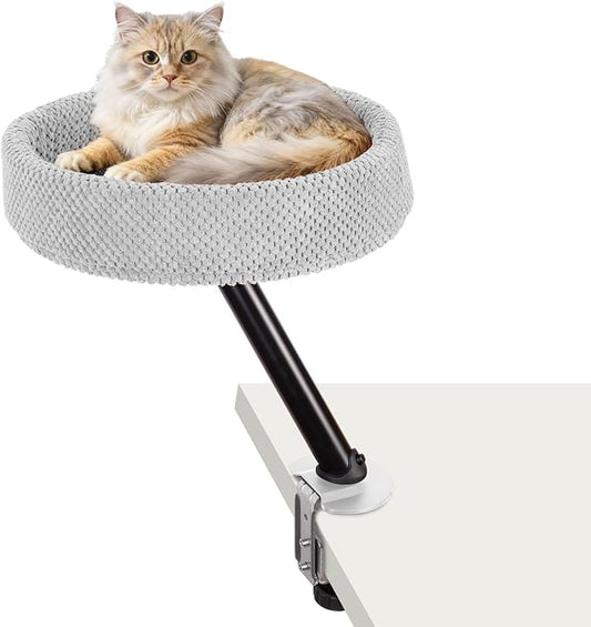 Cat Desk Bed, Cat Nest Bed for Desk Supports Up to 60 lbs, 360° Rotation Soft Cats Hammock, Nest Desktop Attachment Cats Hammock for Various Desktop Side Table Furniture (Grey)