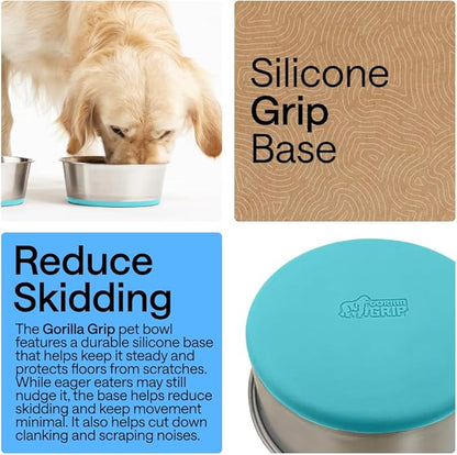 GORILLA GRIP Dog Bowls, Food Grade 304 Stainless Steel Holds 2 Cups Each (16 fl oz) Food and Water Bowl for Feeding Dogs and Cats Dishwasher Safe Rust Resistant BPA Free Rubber Base Set of 2 Turquoise