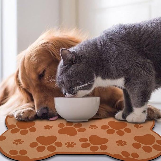Dog Food Mats for Floors Waterproof, Pet Feeding Absorbent Water Bowl Mat Cat Placemats Brown Bone Shape 25.5 * 17 inch