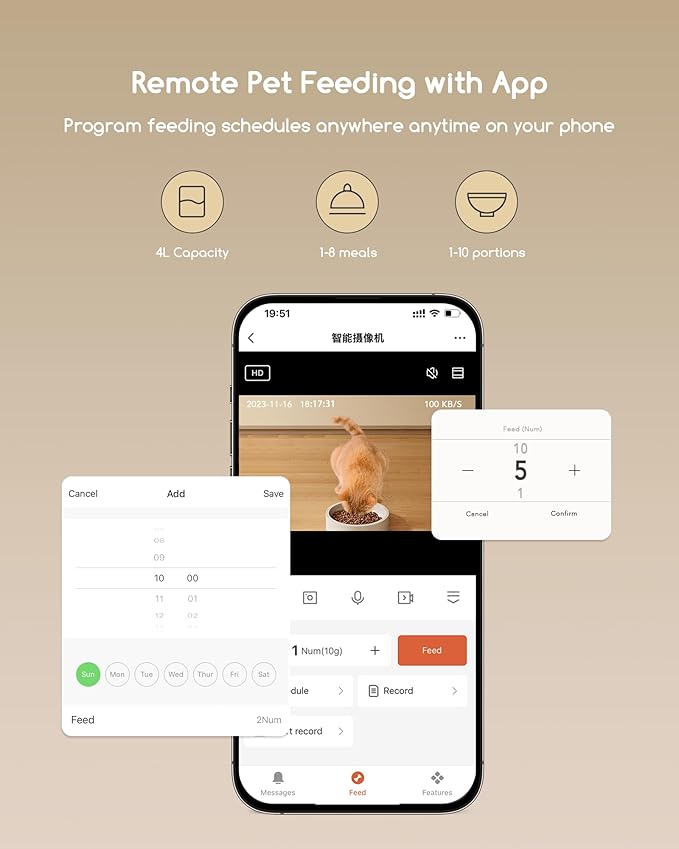 Faroro Automatic Cat Feeder with Camera, 3MP HD Video with Night Vision, 5G WiFi Cat Feeder Automatic with APP Control, 2-Way Audio, Low Food Sensor, Motion Alerts for Cats and Dogs
