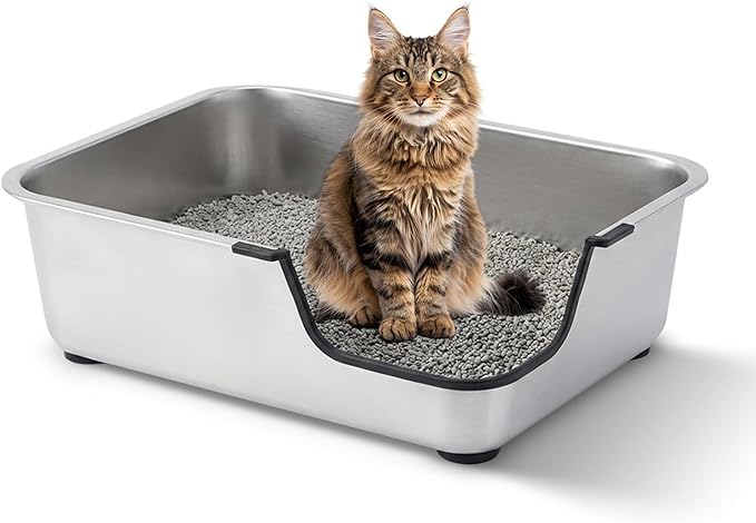 Stainless Steel Cat Litter Box, 19.5"L x 13.6"W x 6"H Metal Cat Litter Box with Low Entry for Senior, Injured Cats Anti-Slip Non-Stick No Odor Easy to Clean for Most Cats with Weight of 22Ibs or Less