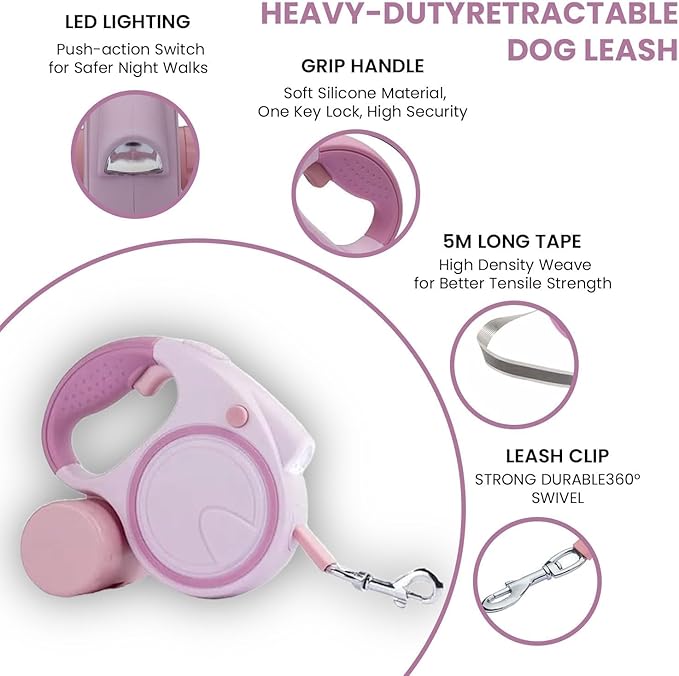 Retractable Dog Fancy Leash with Flashlight and Dispenser, 16 ft Dog Retractable Leash is Perfect for Safe and Comfortable Walking with Your Pet - Suitable for Small Medium Large Dogs (Pink)