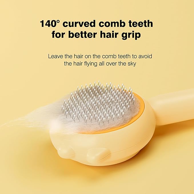 Cat Brush for Shedding, Self-Cleaning Hair Brush with Release Button for Indoor Cats, Soft Silicone Grooming Comb for Long and Short Haired Cats, Cute & Effective Pet Hair Remover Tool, Yellow