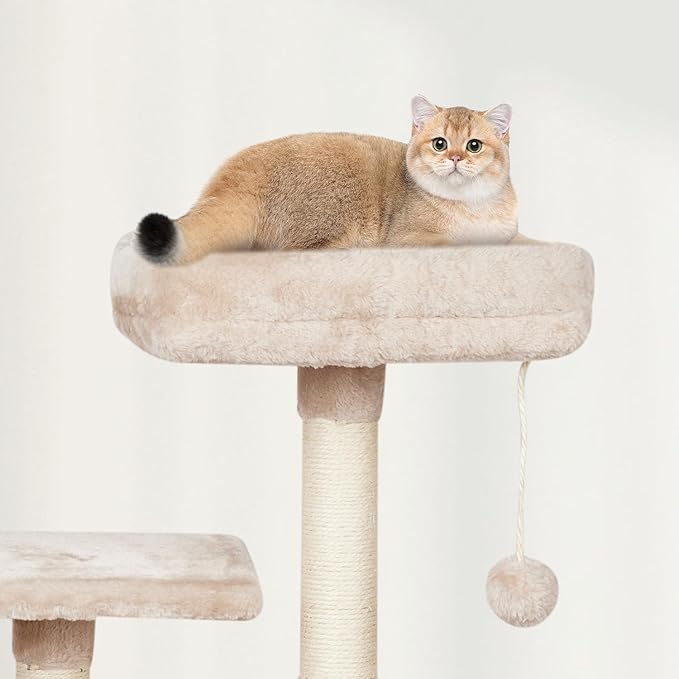MIAO PAW Cute Cat Tree Tower for Indoor Cat Tower with Scratching Post Modern Activity House Hammock Hanging Ball Condo with Board Beige