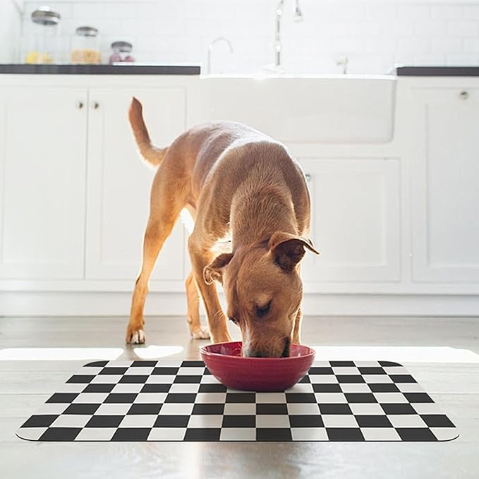 Checkered Dog Food Mat, Absorbent Leak-Proof Pet Feeding Mat, Quick Dry Cat Food Mat for Messy Drinkers 16" x 24" Black