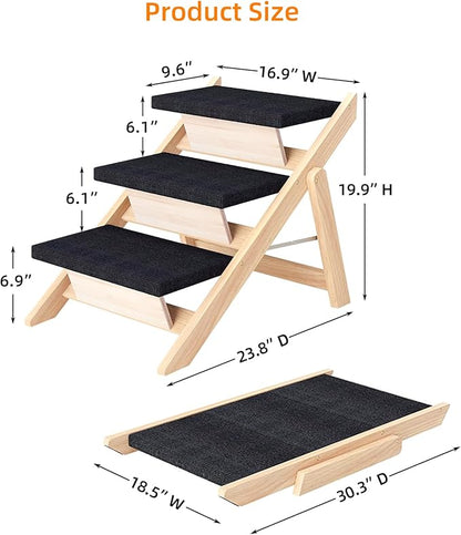 Dog Stairs/Ramp for Bed, Wooden 2-in-1 Foldable Pet Stairs & Ramp, Portable Dog Ladder Up to 180 Pound for Elderly/Short-Legged Dogs, 3 Steps for Beds, Couch, Cars